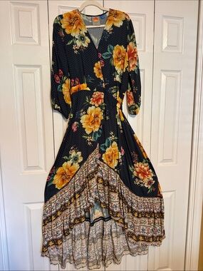 Anthropologie FARM Rio Majorca Navy Floral Asymmetrical Maxi Dress